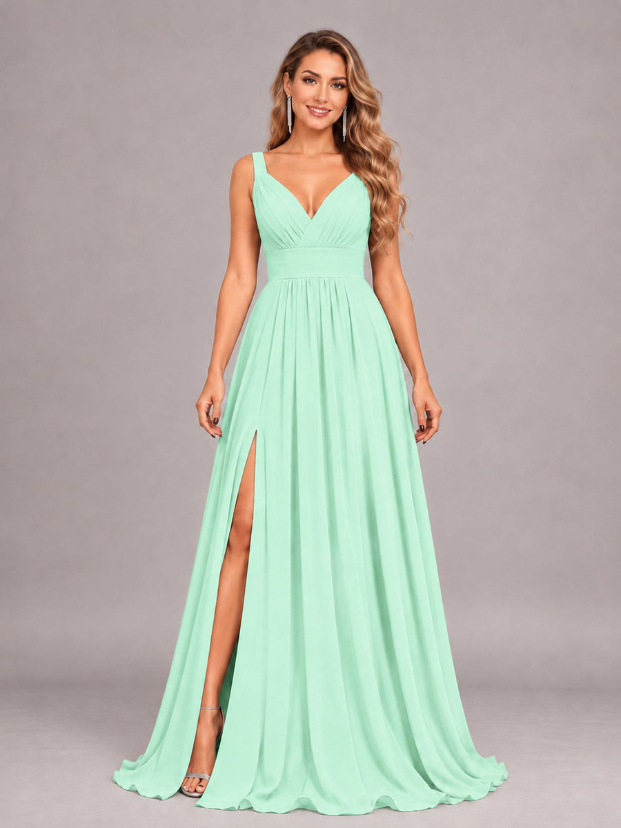 Mint Green Attractive Deep V-Neck Sleeveless Slit Chiffon Bridesmaid Dress