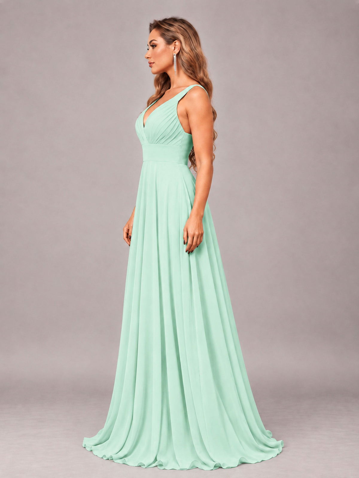 Mint Green Attractive Deep V-Neck Sleeveless Slit Chiffon Bridesmaid Dress