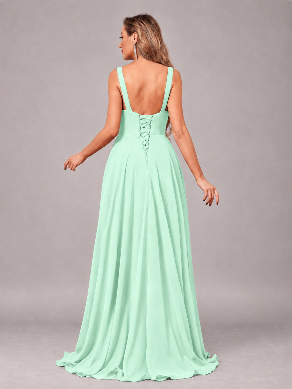 Mint Green Attractive Deep V-Neck Sleeveless Slit Chiffon Bridesmaid Dress