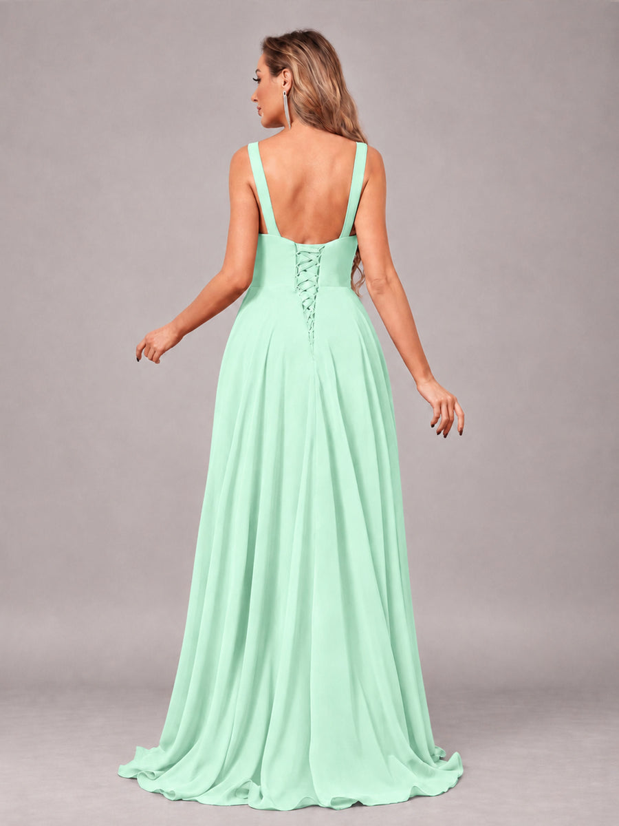 Mint Green Attractive Deep V-Neck Sleeveless Slit Chiffon Bridesmaid Dress