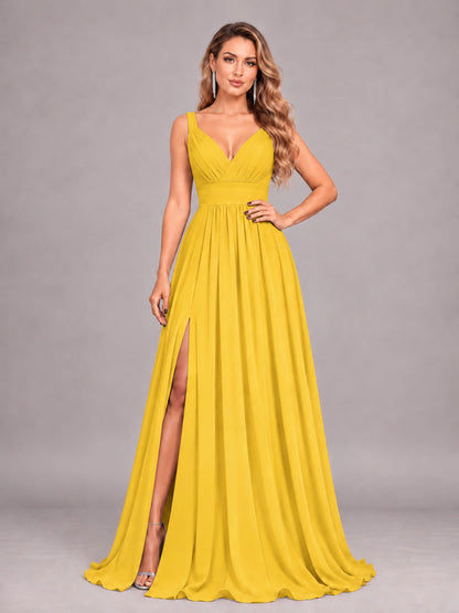 Mustard Yellow Attractive Deep V-Neck Sleeveless Slit Chiffon Bridesmaid Dress