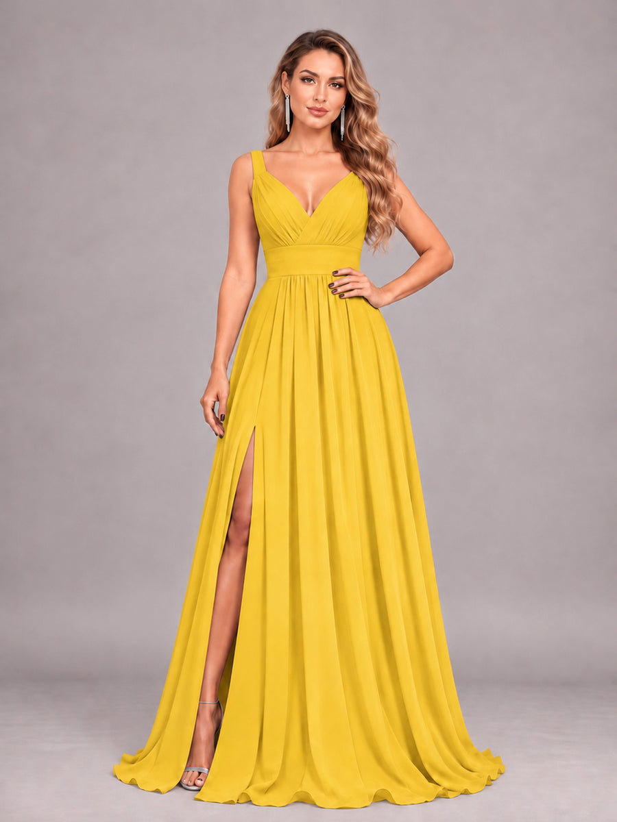 Mustard Yellow Attractive Deep V-Neck Sleeveless Slit Chiffon Bridesmaid Dress