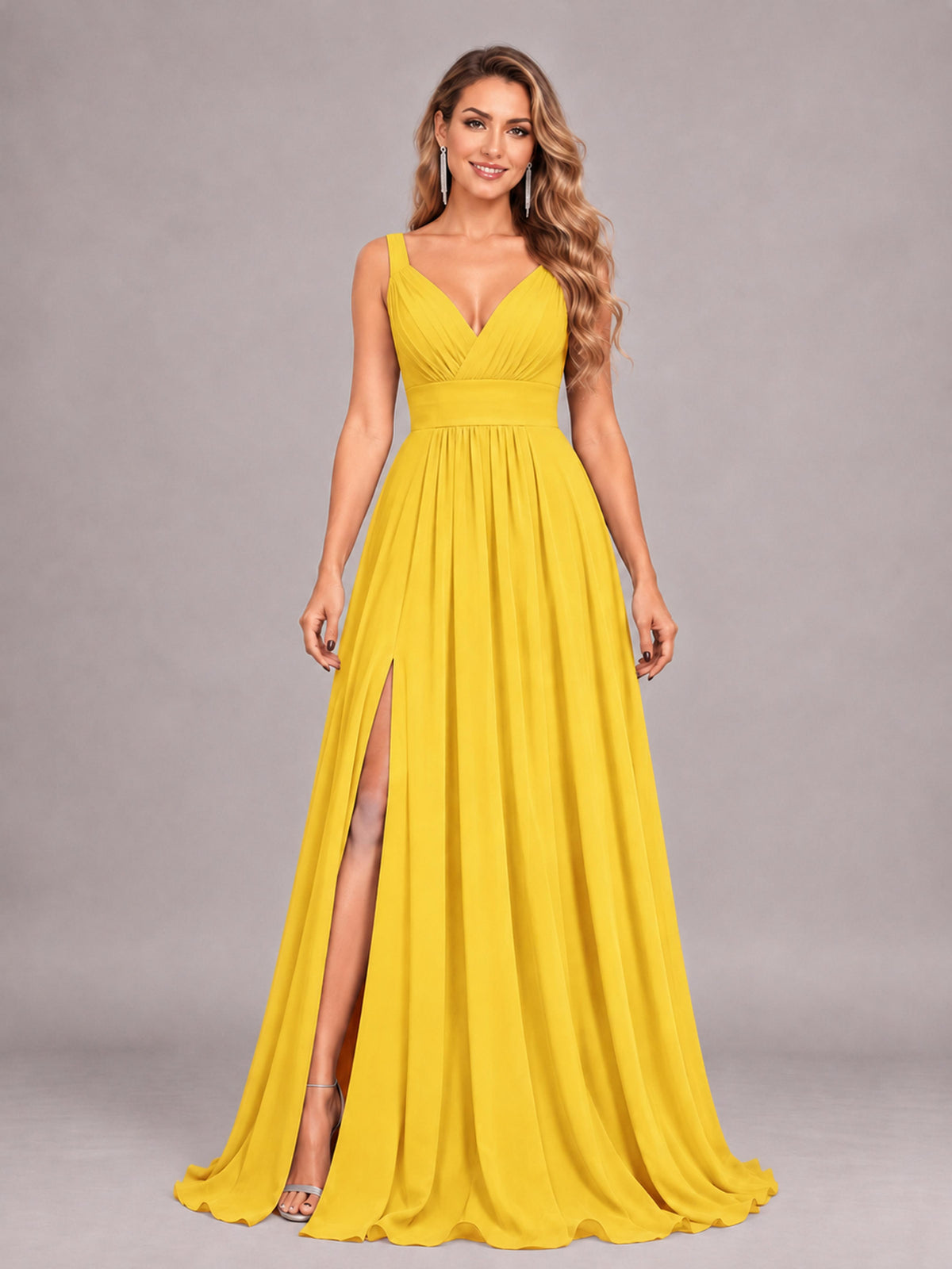 Mustard Yellow Attractive Deep V-Neck Sleeveless Slit Chiffon Bridesmaid Dress