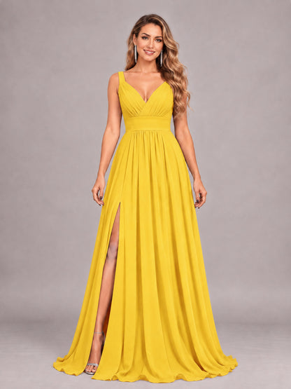 Mustard Yellow Attractive Deep V-Neck Sleeveless Slit Chiffon Bridesmaid Dress