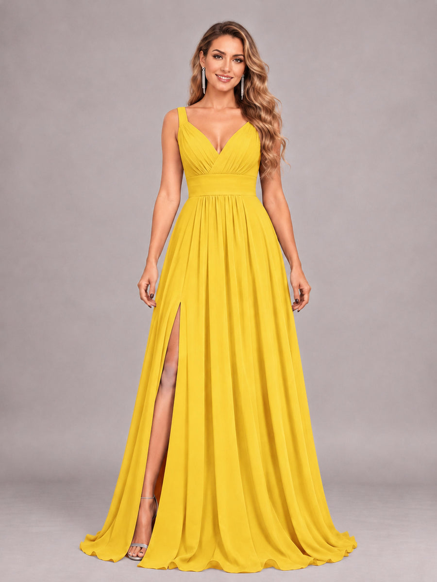 Mustard Yellow Attractive Deep V-Neck Sleeveless Slit Chiffon Bridesmaid Dress