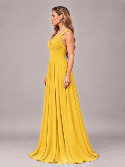 Mustard Yellow Attractive Deep V-Neck Sleeveless Slit Chiffon Bridesmaid Dress