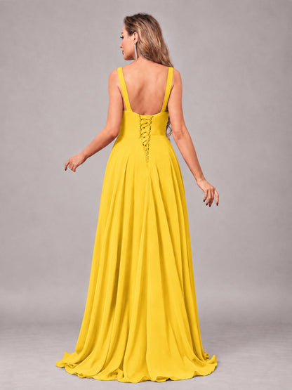 Mustard Yellow Attractive Deep V-Neck Sleeveless Slit Chiffon Bridesmaid Dress