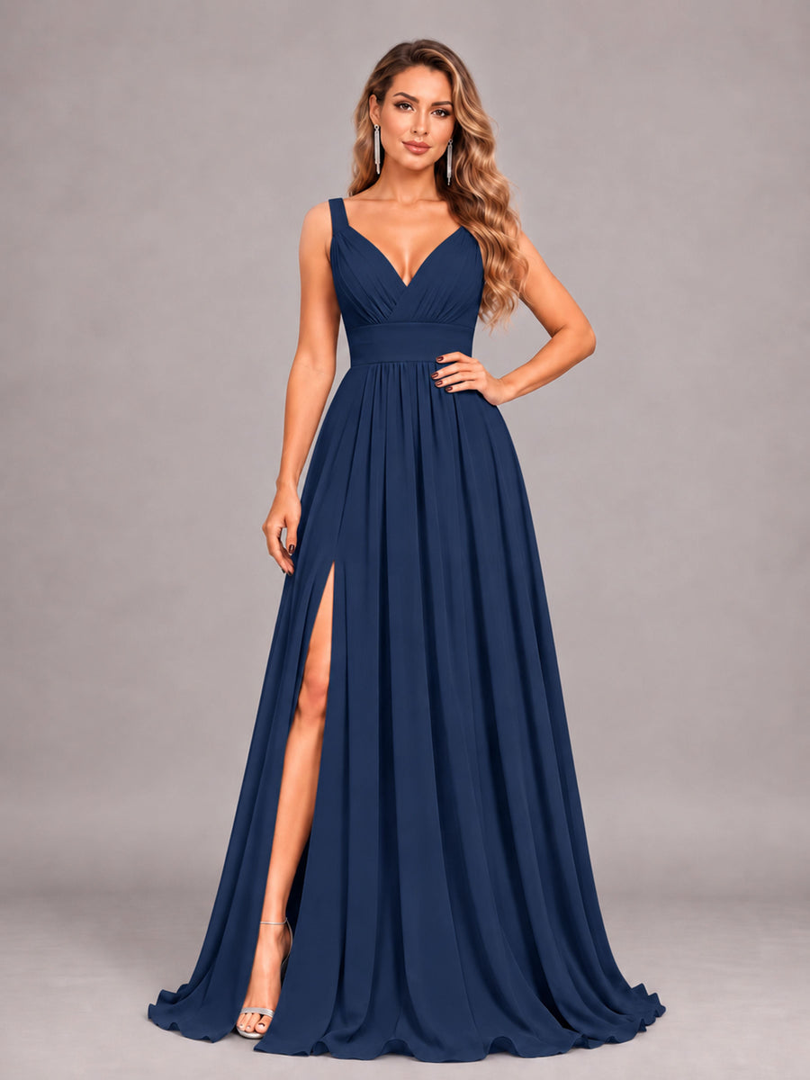 Navy Blue Attractive Deep V-Neck Sleeveless Slit Chiffon Bridesmaid Dress