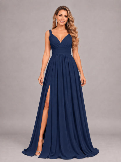 Navy Blue Attractive Deep V-Neck Sleeveless Slit Chiffon Bridesmaid Dress