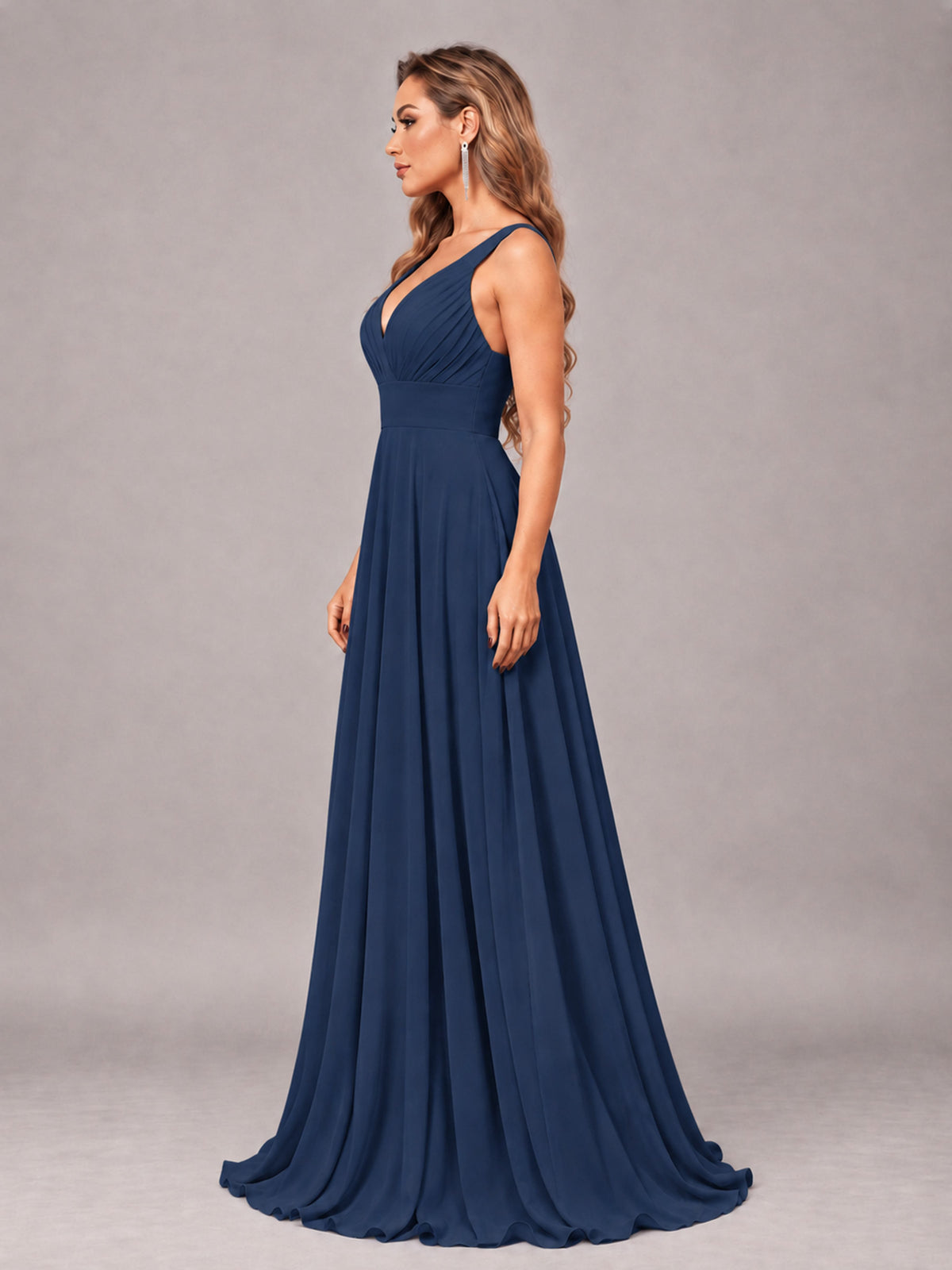 Navy Blue Attractive Deep V-Neck Sleeveless Slit Chiffon Bridesmaid Dress
