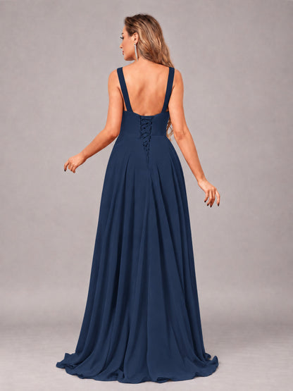 Navy Blue Attractive Deep V-Neck Sleeveless Slit Chiffon Bridesmaid Dress