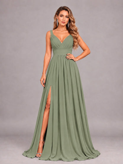 Olive Green Attractive Deep V-Neck Sleeveless Slit Chiffon Bridesmaid Dress