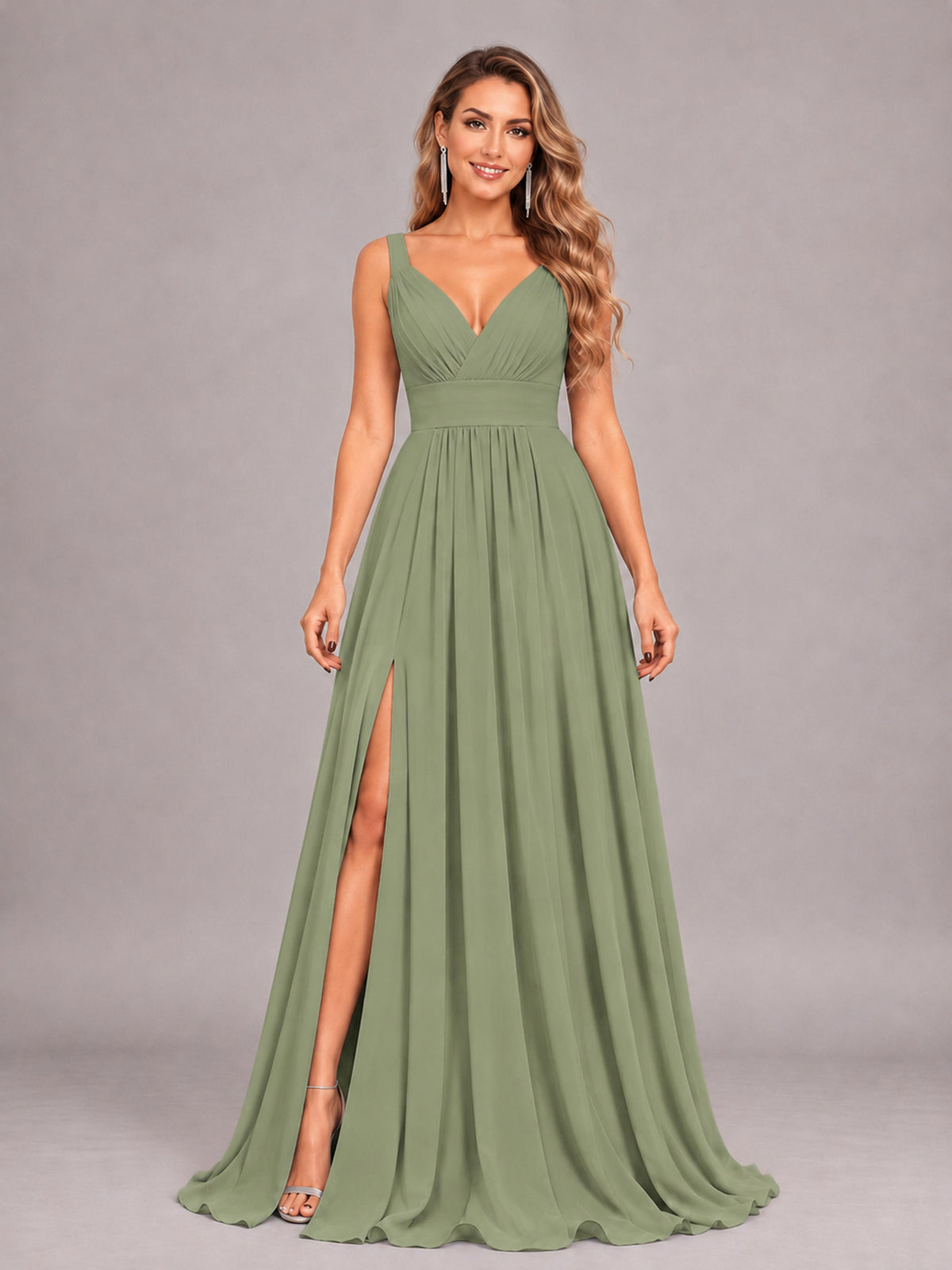 Olive Green Attractive Deep V-Neck Sleeveless Slit Chiffon Bridesmaid Dress