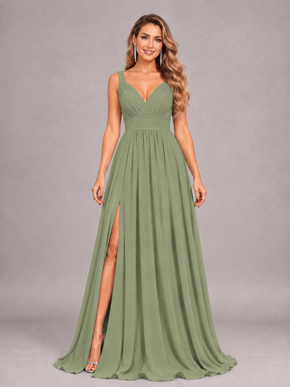 Olive Green Attractive Deep V-Neck Sleeveless Slit Chiffon Bridesmaid Dress