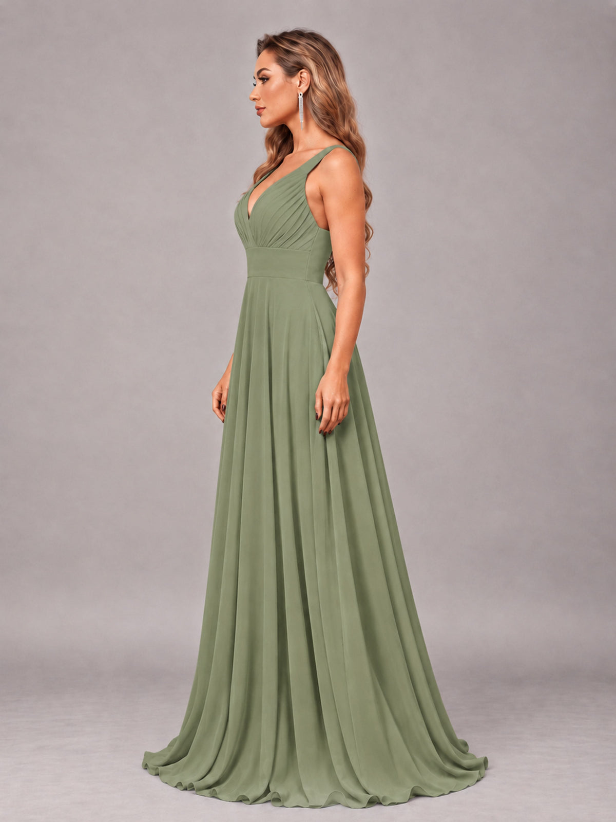 Olive Green Attractive Deep V-Neck Sleeveless Slit Chiffon Bridesmaid Dress