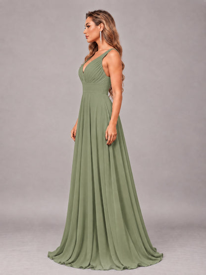Olive Green Attractive Deep V-Neck Sleeveless Slit Chiffon Bridesmaid Dress