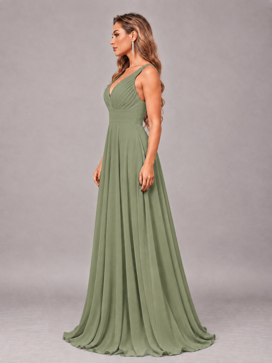 Olive Green Attractive Deep V-Neck Sleeveless Slit Chiffon Bridesmaid Dress