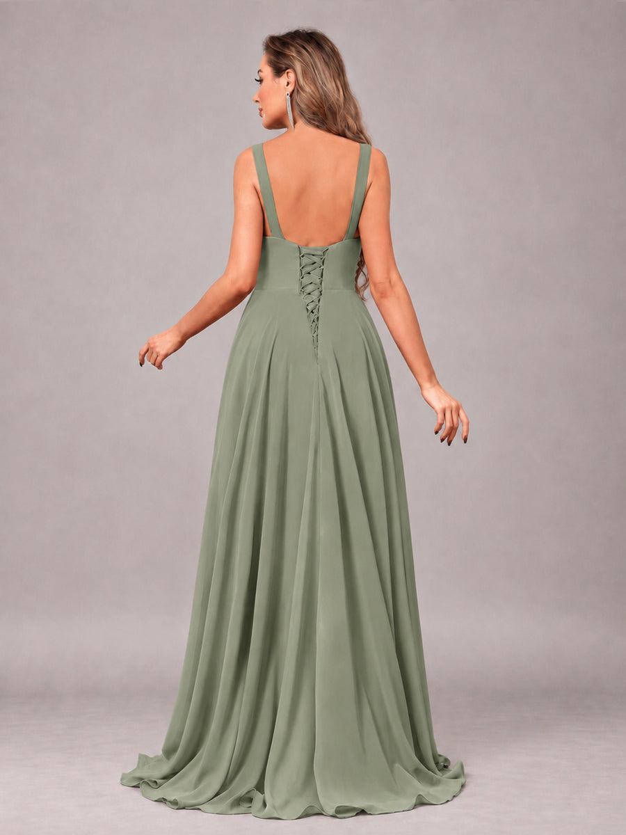 Olive Green Attractive Deep V-Neck Sleeveless Slit Chiffon Bridesmaid Dress