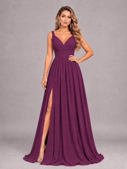 Plum Attractive Deep V-Neck Sleeveless Slit Chiffon Bridesmaid Dress