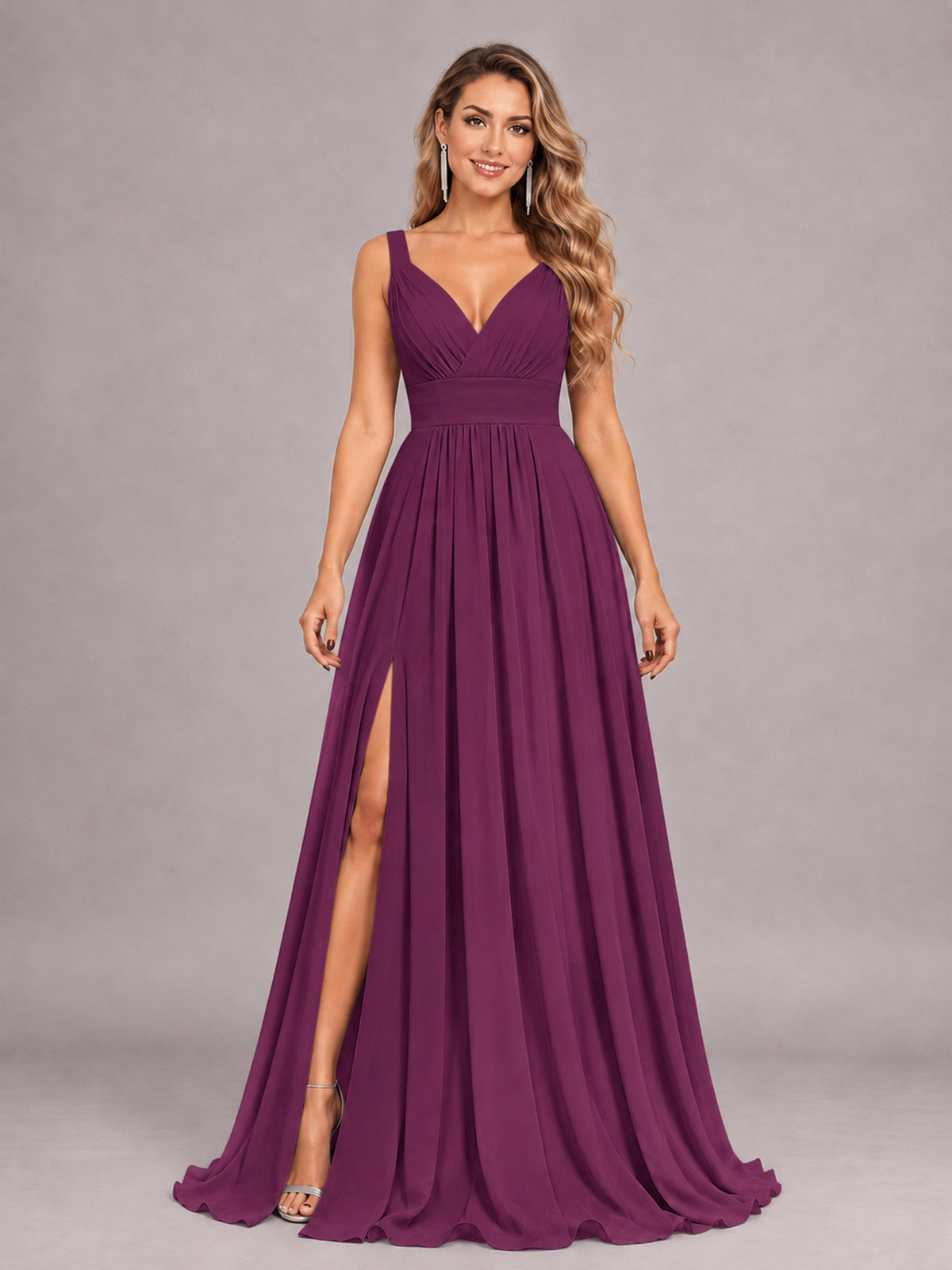 Plum Attractive Deep V-Neck Sleeveless Slit Chiffon Bridesmaid Dress
