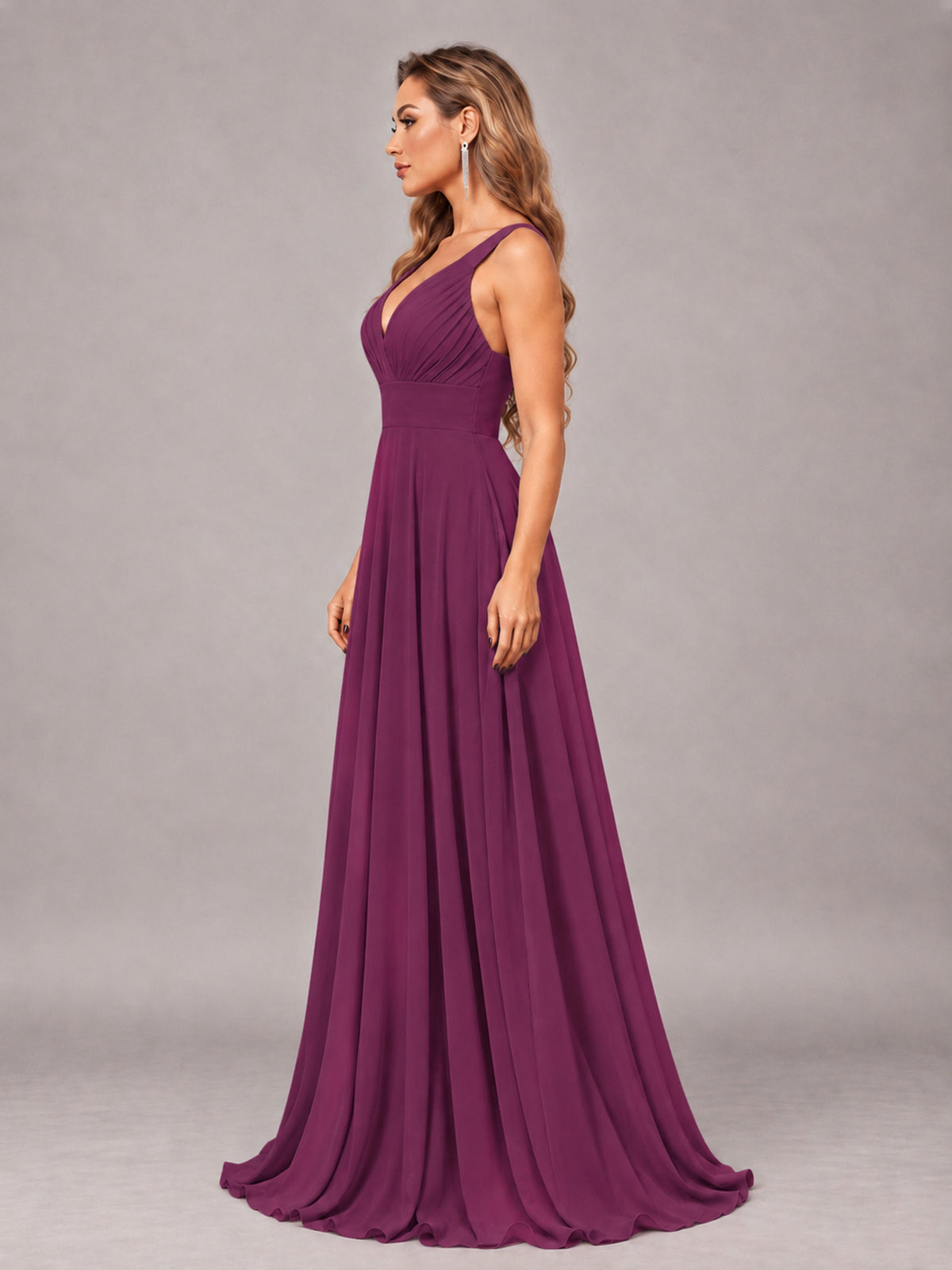 Plum Attractive Deep V-Neck Sleeveless Slit Chiffon Bridesmaid Dress
