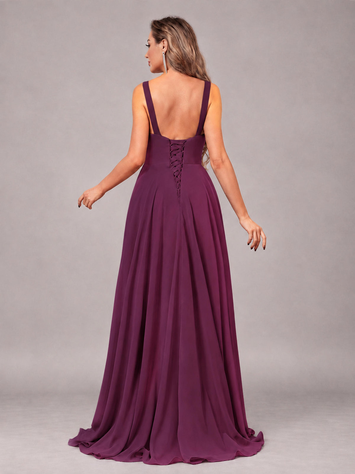 Plum Attractive Deep V-Neck Sleeveless Slit Chiffon Bridesmaid Dress