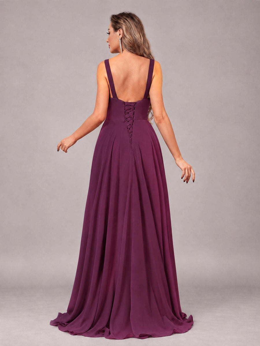 Plum Attractive Deep V-Neck Sleeveless Slit Chiffon Bridesmaid Dress
