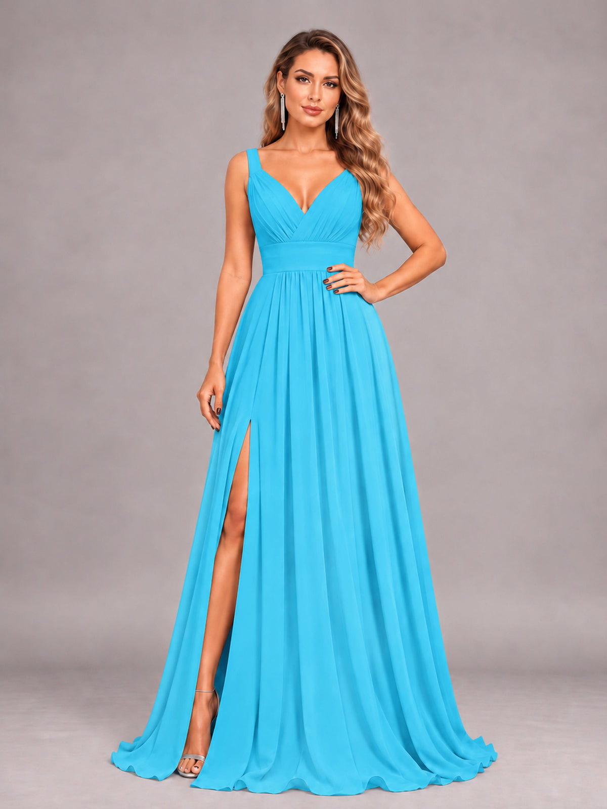 Pool Attractive Deep V-Neck Sleeveless Slit Chiffon Bridesmaid Dress