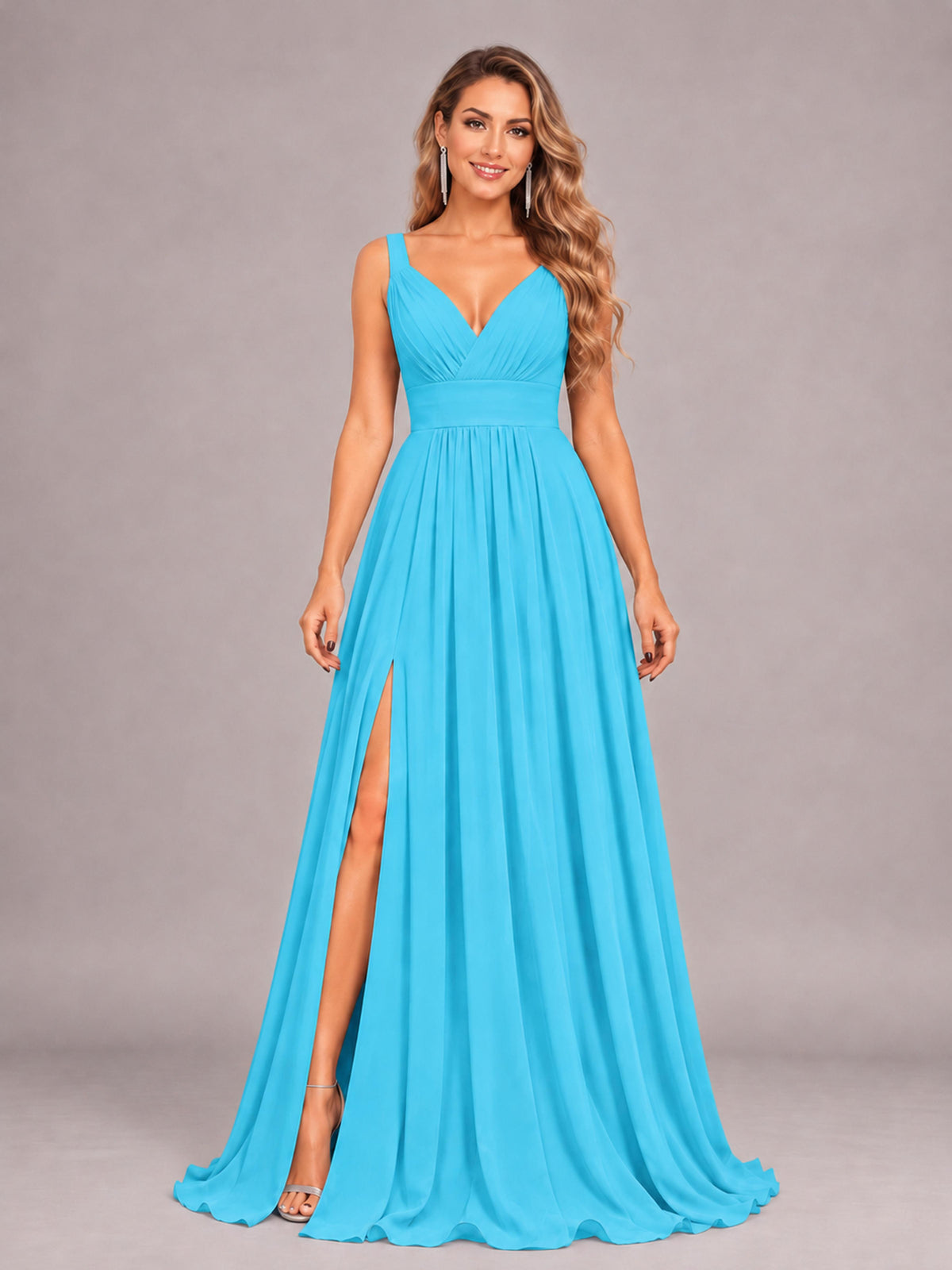 Pool Attractive Deep V-Neck Sleeveless Slit Chiffon Bridesmaid Dress