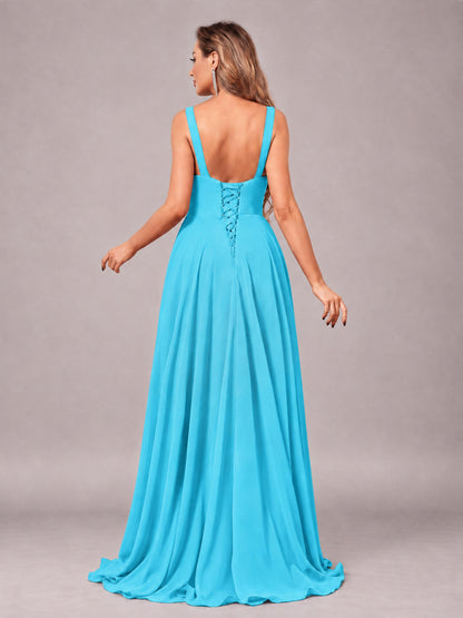 Pool Attractive Deep V-Neck Sleeveless Slit Chiffon Bridesmaid Dress