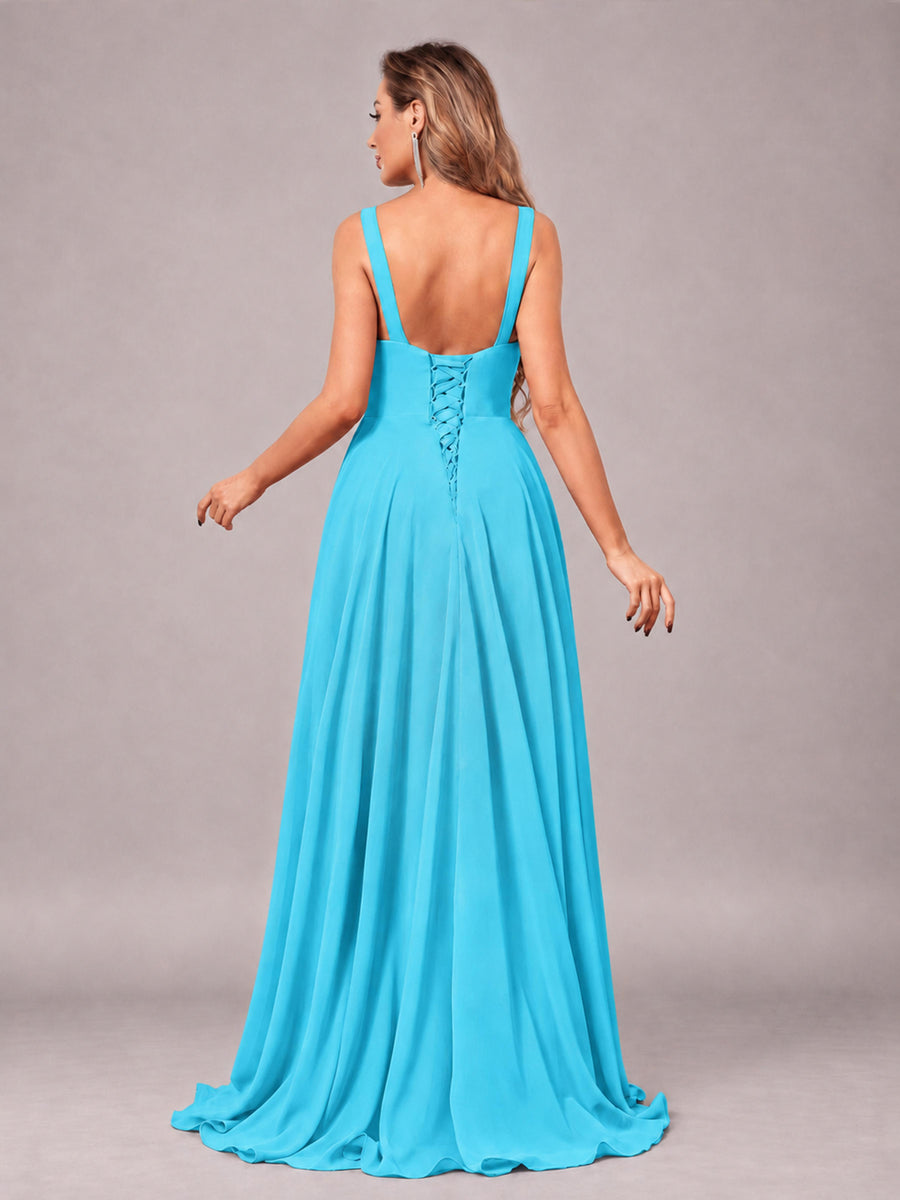 Pool Attractive Deep V-Neck Sleeveless Slit Chiffon Bridesmaid Dress