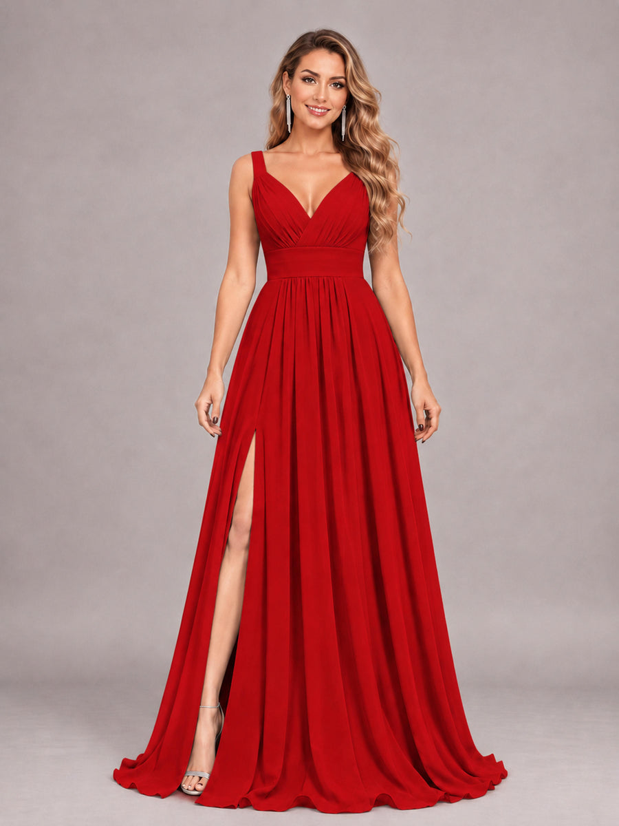 Red Attractive Deep V-Neck Sleeveless Slit Chiffon Bridesmaid Dress