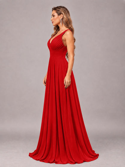 Red Attractive Deep V-Neck Sleeveless Slit Chiffon Bridesmaid Dress