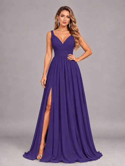 Regency Attractive Deep V-Neck Sleeveless Slit Chiffon Bridesmaid Dress