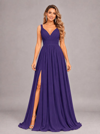 Regency Attractive Deep V-Neck Sleeveless Slit Chiffon Bridesmaid Dress