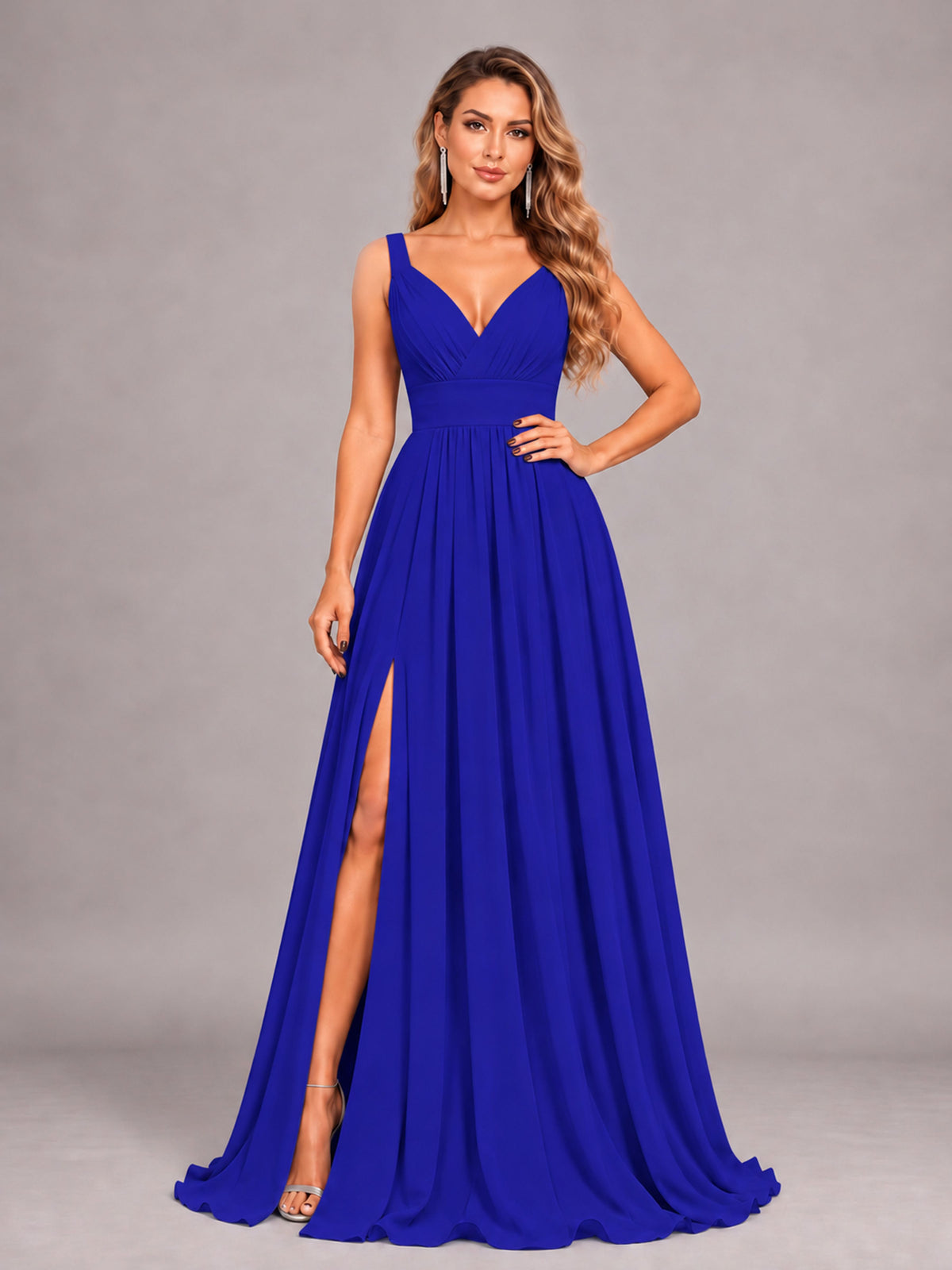 Royal Blue Attractive Deep V-Neck Sleeveless Slit Chiffon Bridesmaid Dress