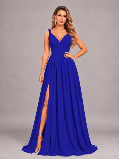 Royal Blue Attractive Deep V-Neck Sleeveless Slit Chiffon Bridesmaid Dress