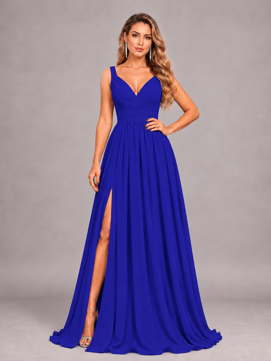 Royal Blue Attractive Deep V-Neck Sleeveless Slit Chiffon Bridesmaid Dress