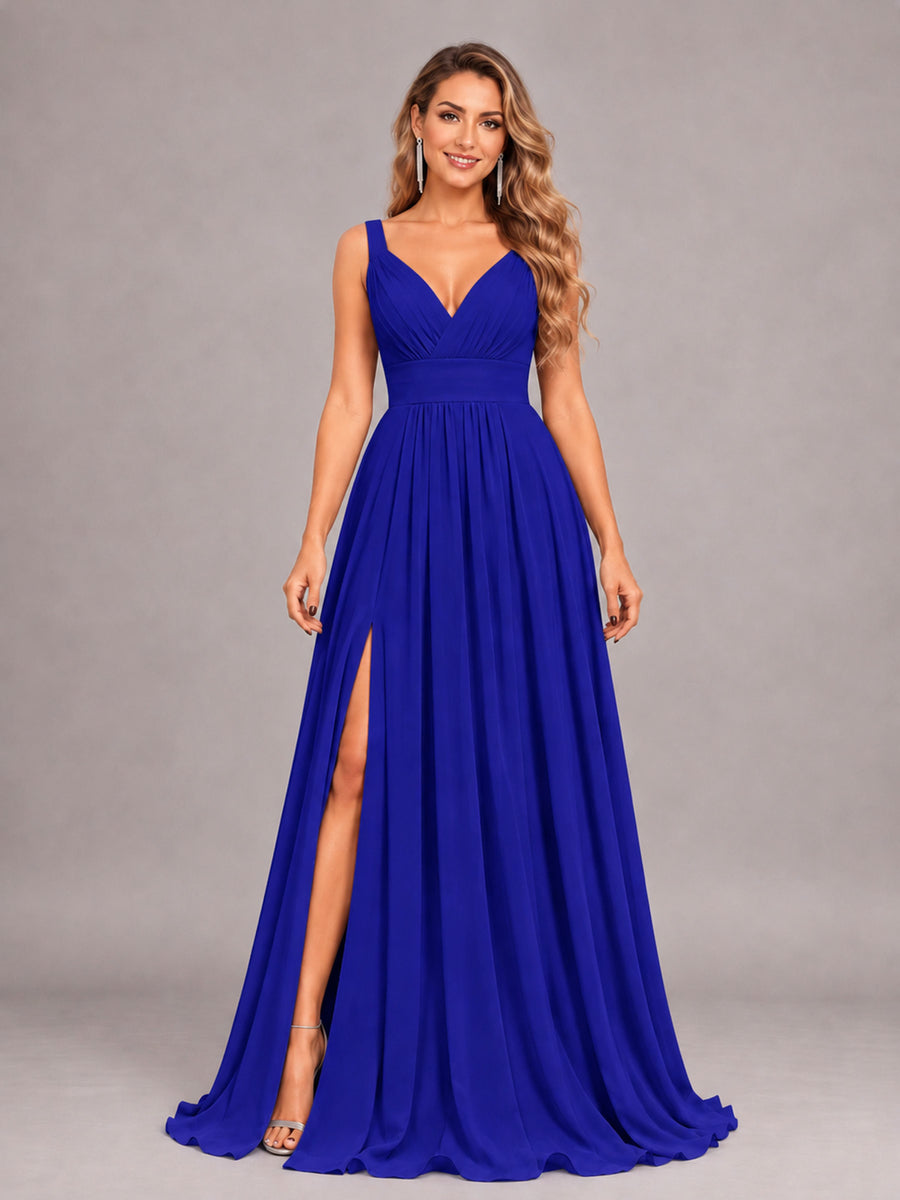 Royal Blue Attractive Deep V-Neck Sleeveless Slit Chiffon Bridesmaid Dress