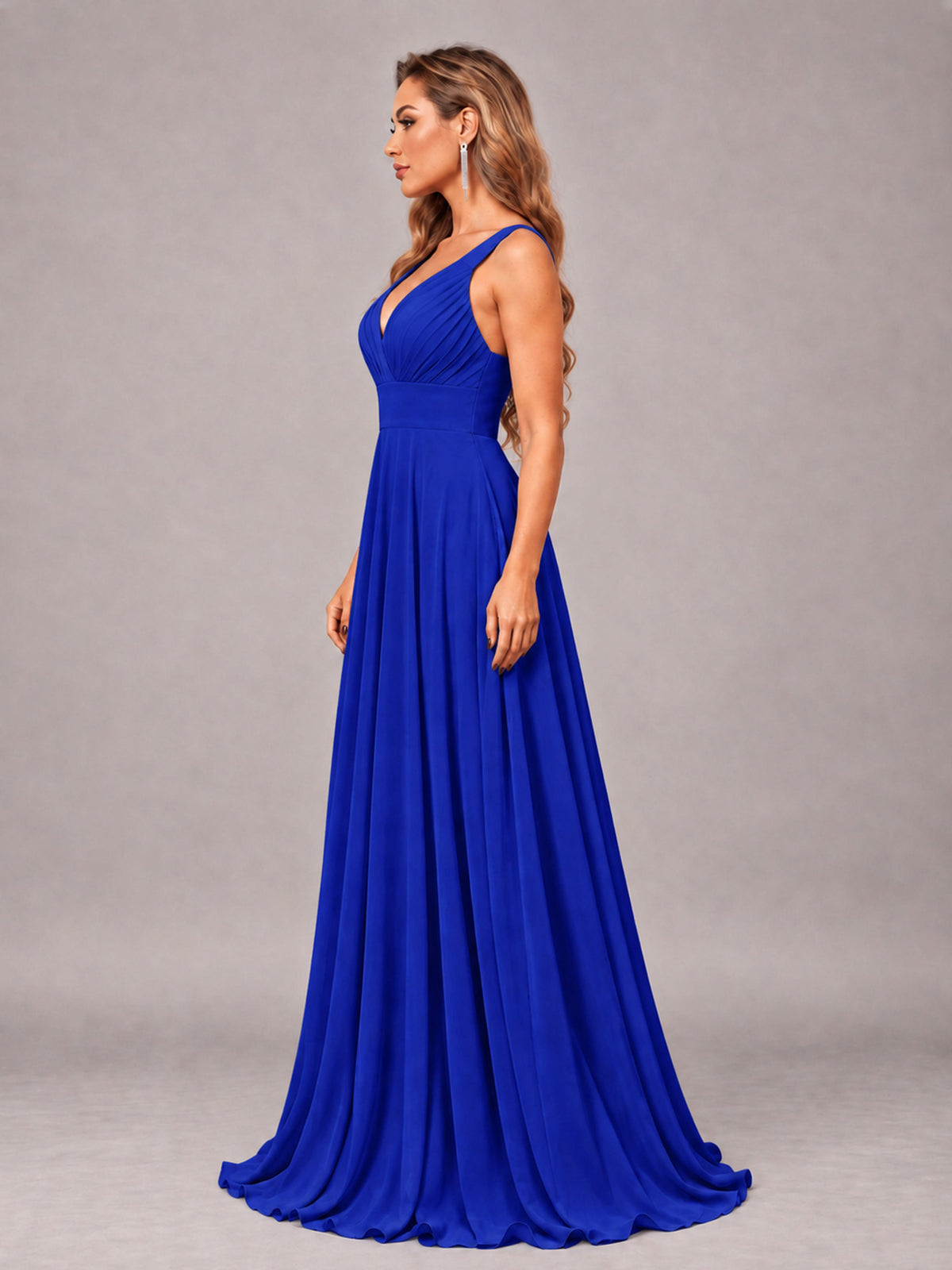 Royal Blue Attractive Deep V-Neck Sleeveless Slit Chiffon Bridesmaid Dress