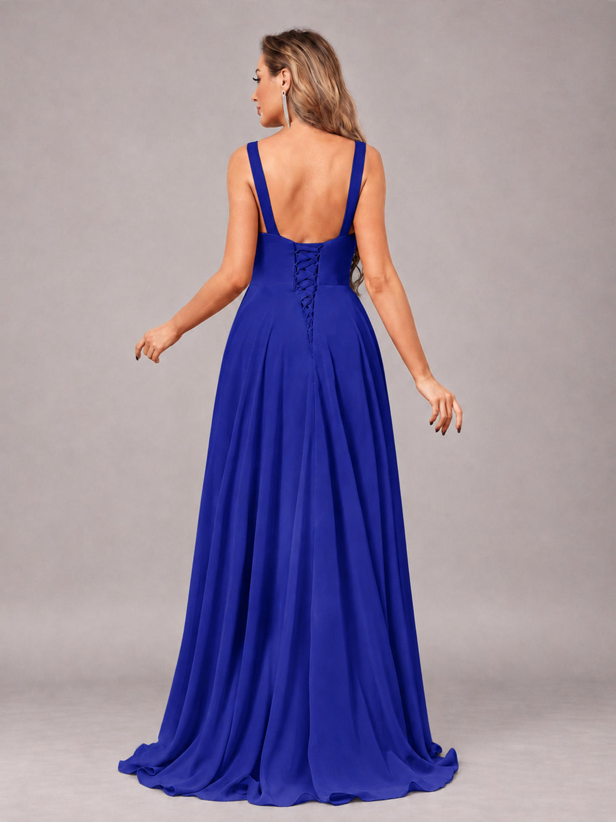 Royal Blue Attractive Deep V-Neck Sleeveless Slit Chiffon Bridesmaid Dress