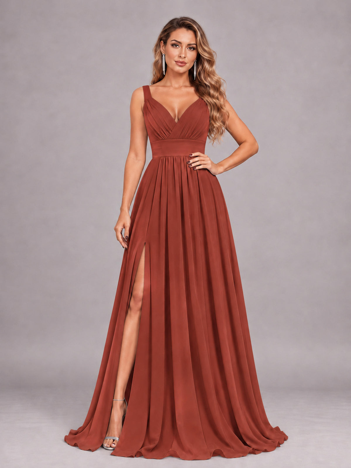 Rust Attractive Deep V-Neck Sleeveless Slit Chiffon Bridesmaid Dress