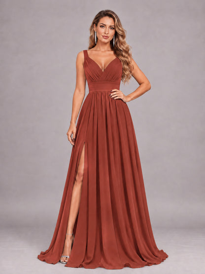 Rust Attractive Deep V-Neck Sleeveless Slit Chiffon Bridesmaid Dress