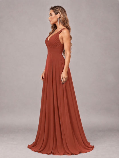 Rust Attractive Deep V-Neck Sleeveless Slit Chiffon Bridesmaid Dress