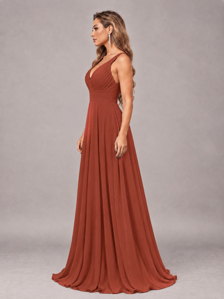 Rust Attractive Deep V-Neck Sleeveless Slit Chiffon Bridesmaid Dress