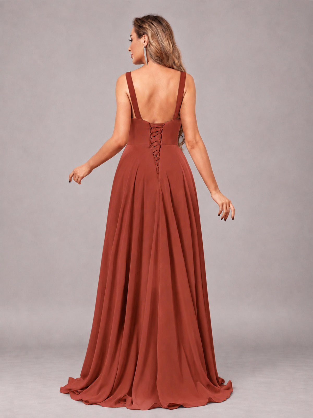 Rust Attractive Deep V-Neck Sleeveless Slit Chiffon Bridesmaid Dress