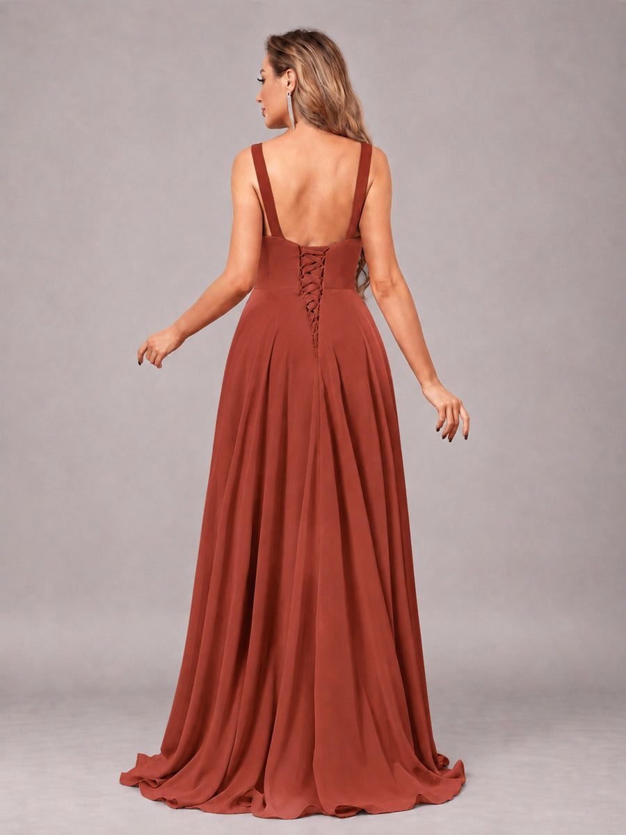 Rust Attractive Deep V-Neck Sleeveless Slit Chiffon Bridesmaid Dress
