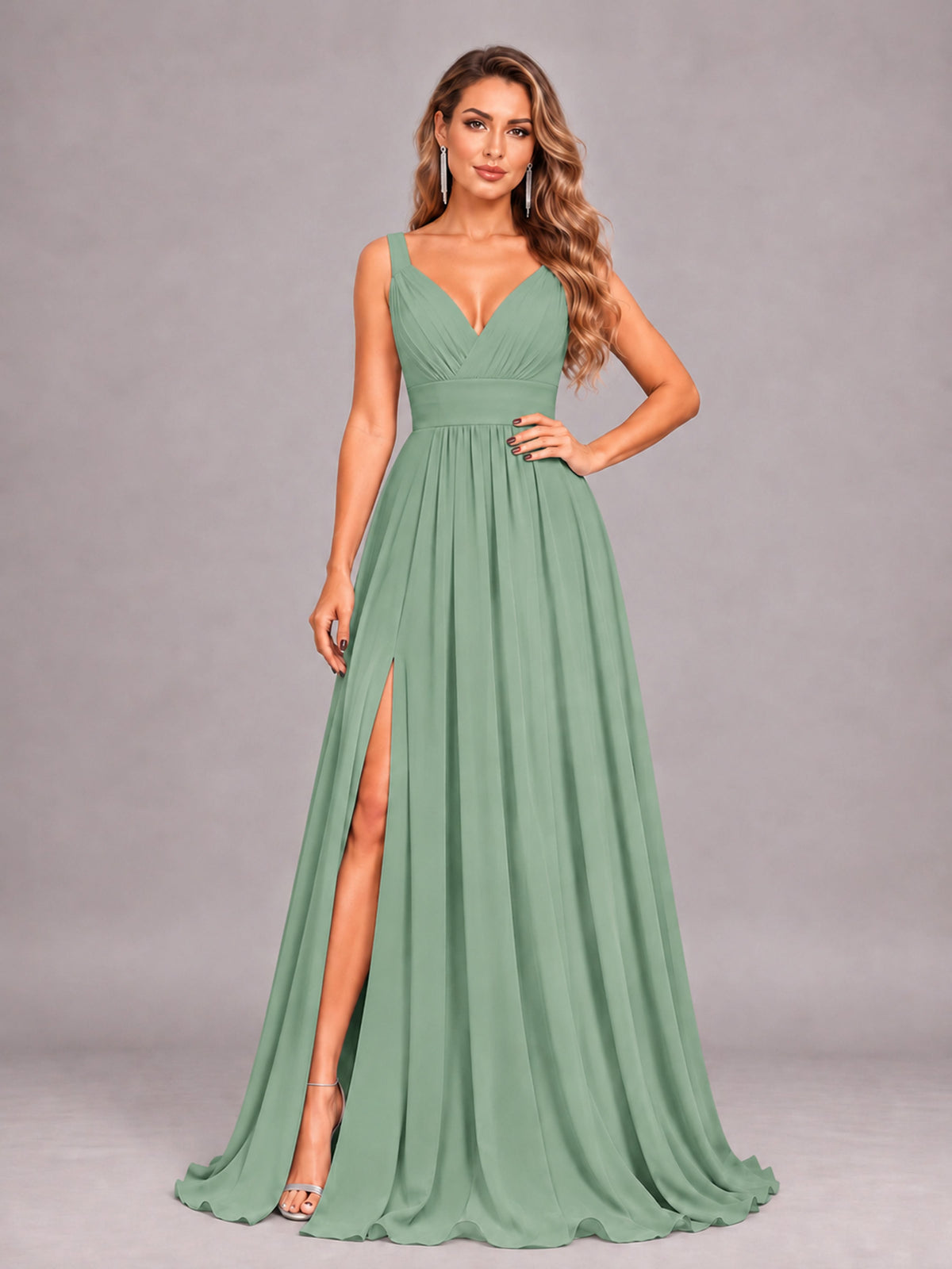 Sage Green Attractive Deep V-Neck Sleeveless Slit Chiffon Bridesmaid Dress