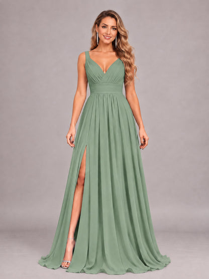 Sage Green Attractive Deep V-Neck Sleeveless Slit Chiffon Bridesmaid Dress