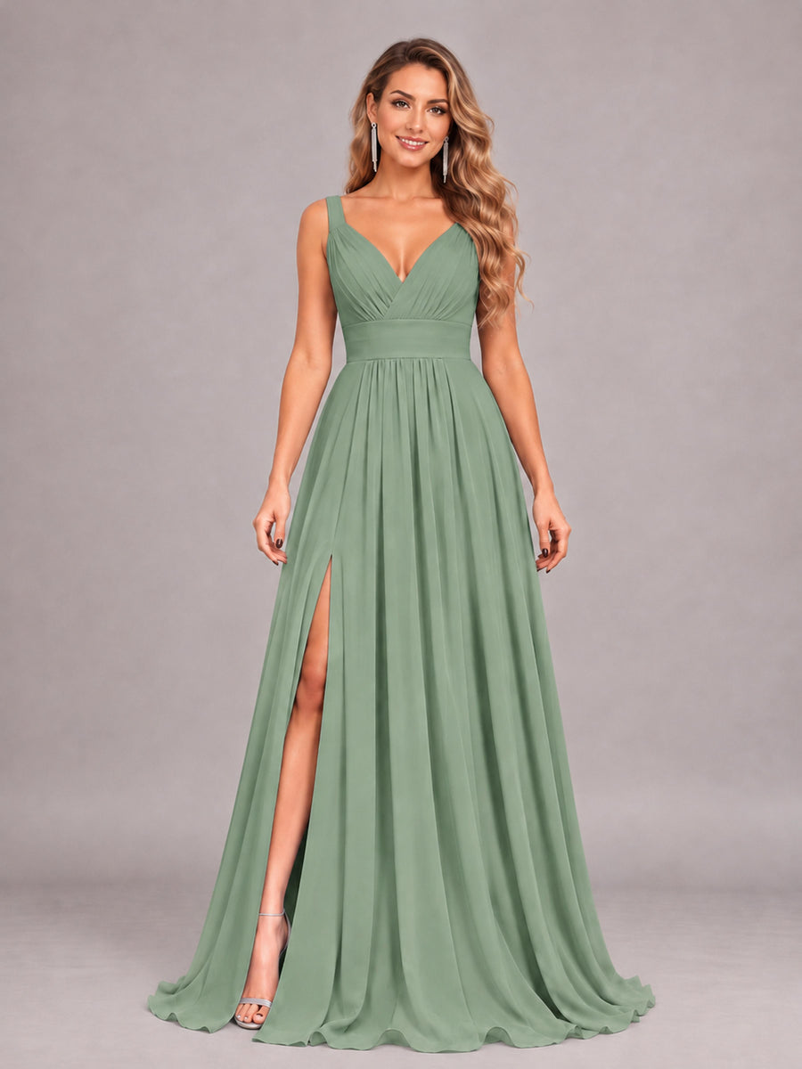 Sage Green Attractive Deep V-Neck Sleeveless Slit Chiffon Bridesmaid Dress